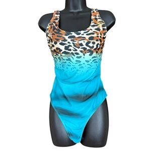 Leopard Print and Teal Blue Ombre Print One Piece Swimsuit Women's Size XL
